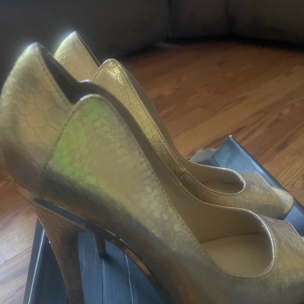 Bebe Gold High Heel Peep-Toe Pumps - Picture 6 of 8